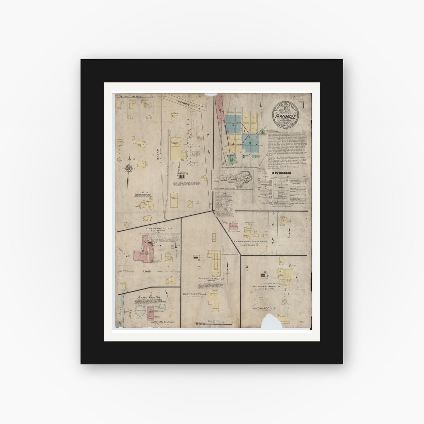 Old map wall art mockup — black gallery frame with white mat — Sanborn Fire Insurance Map from Albemarle, Stanley County, North Carolina (1913) - Complete Map Set