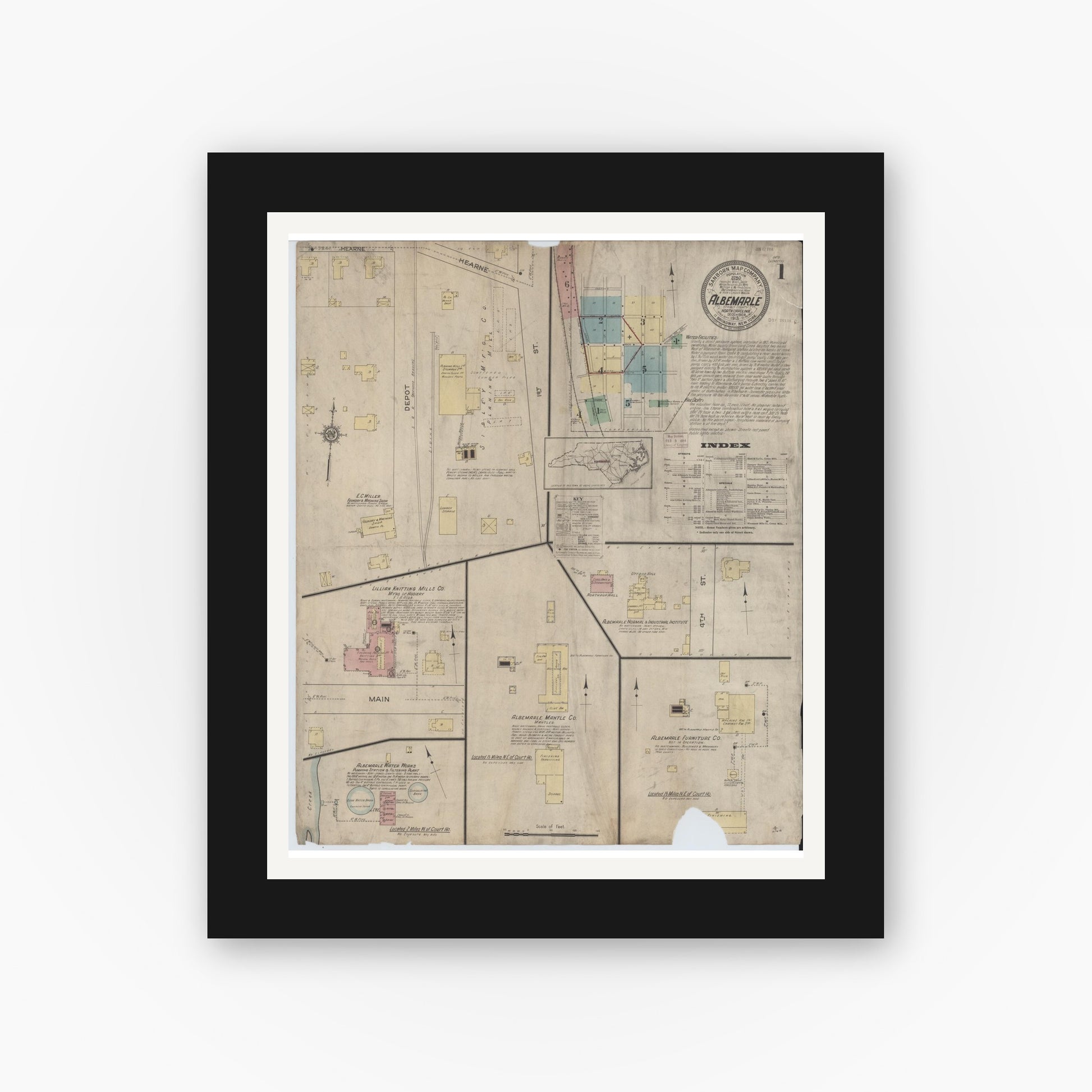 Old map wall art mockup — black gallery frame with white mat — Sanborn Fire Insurance Map from Albemarle, Stanley County, North Carolina (1913) - Complete Map Set