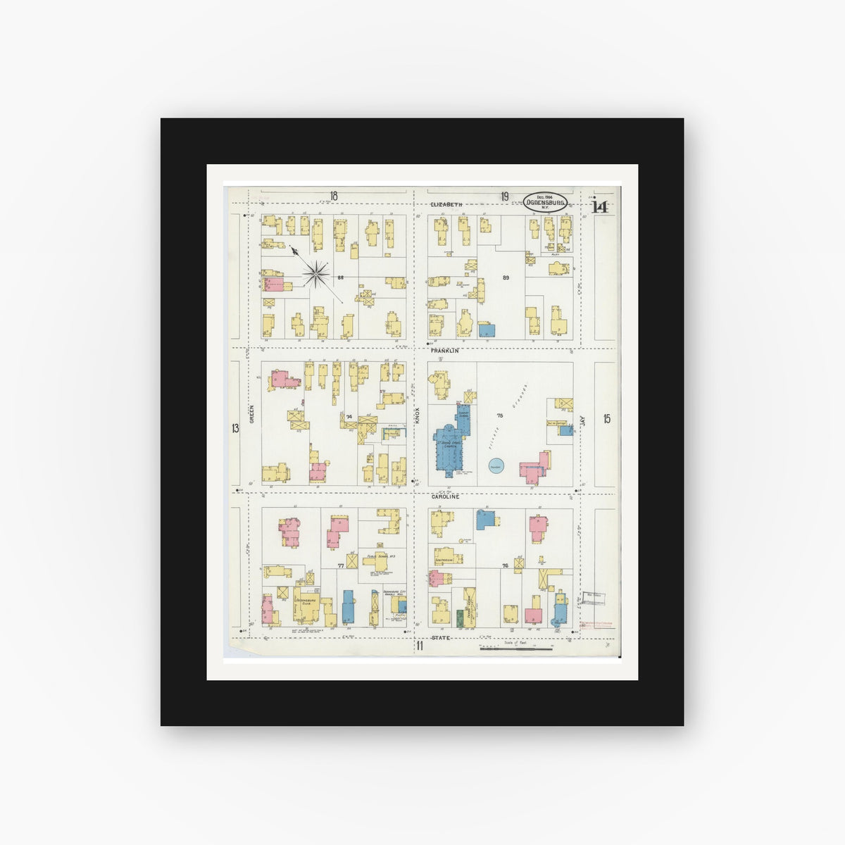 Old map wall art mockup — black gallery frame with white mat — Sanborn Fire Insurance Map from Ogdensburg, St. Lawrence County, New York (1904), Sheet #0014