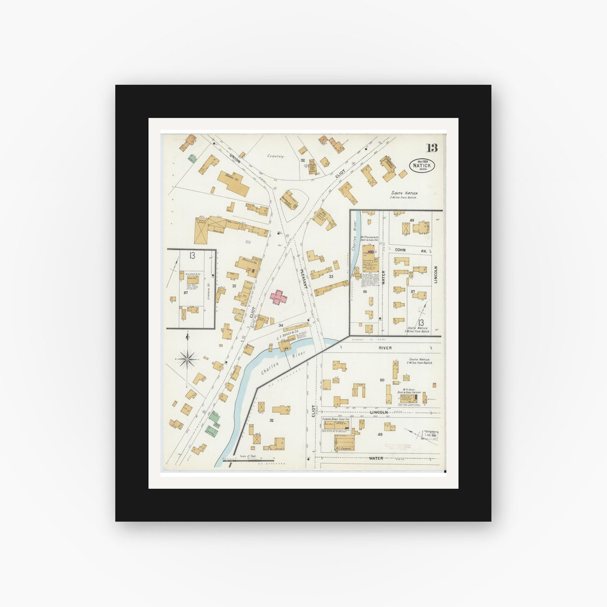 Old map wall art mockup — black gallery frame with white mat — Sanborn Fire Insurance Map from Natick, Middlesex County, Massachusetts (1899), Sheet #0013