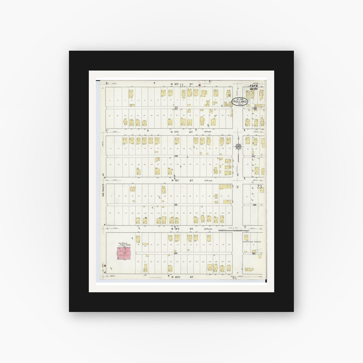 Old map wall art mockup — black gallery frame with white mat — Sanborn Fire Insurance Map from Holland, Ottawa County, Michigan (1916), Sheet #0022