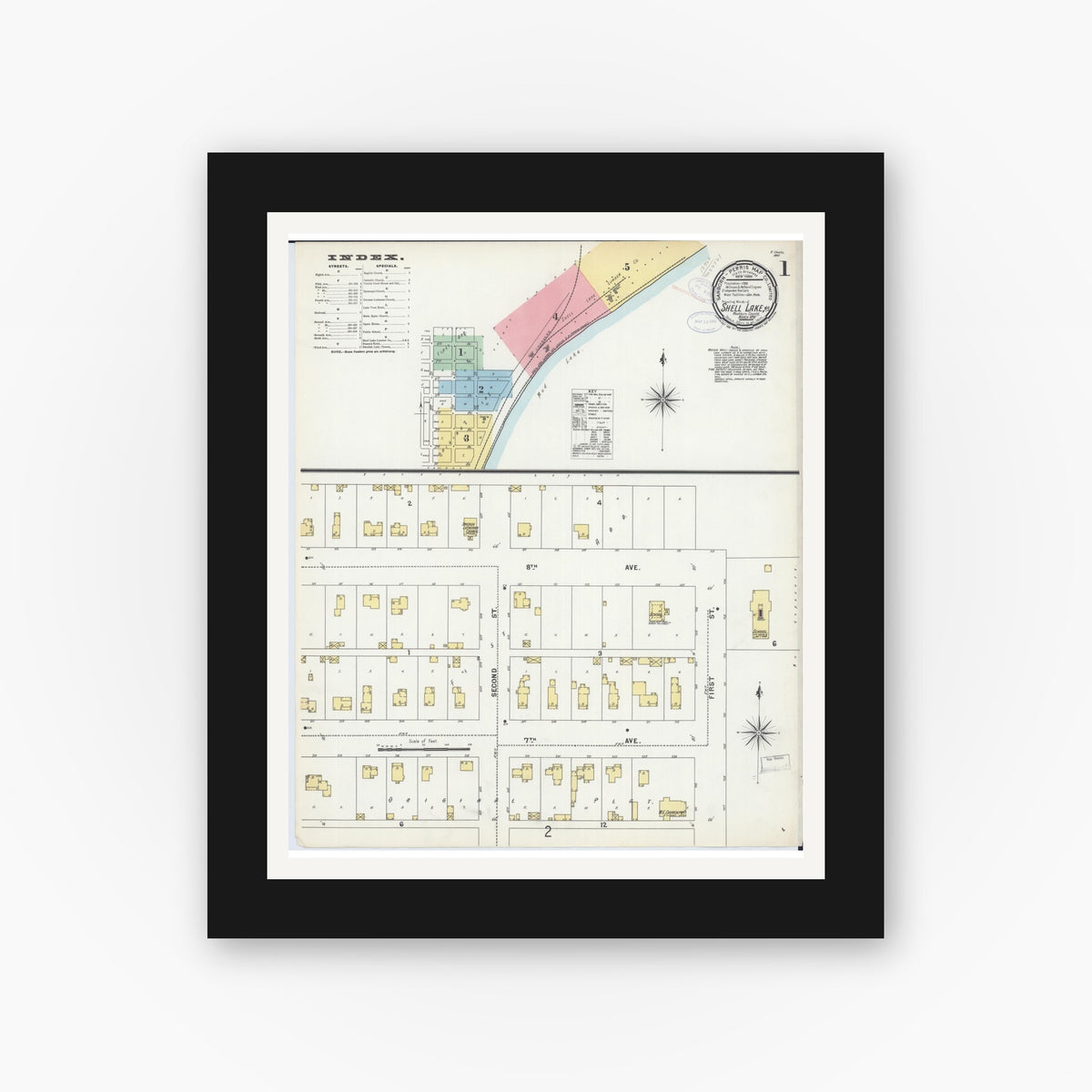 Old map wall art mockup — black gallery frame with white mat — Sanborn Fire Insurance Map from Shell Lake, Washburn County, Wisconsin (1898) - Complete Map Set