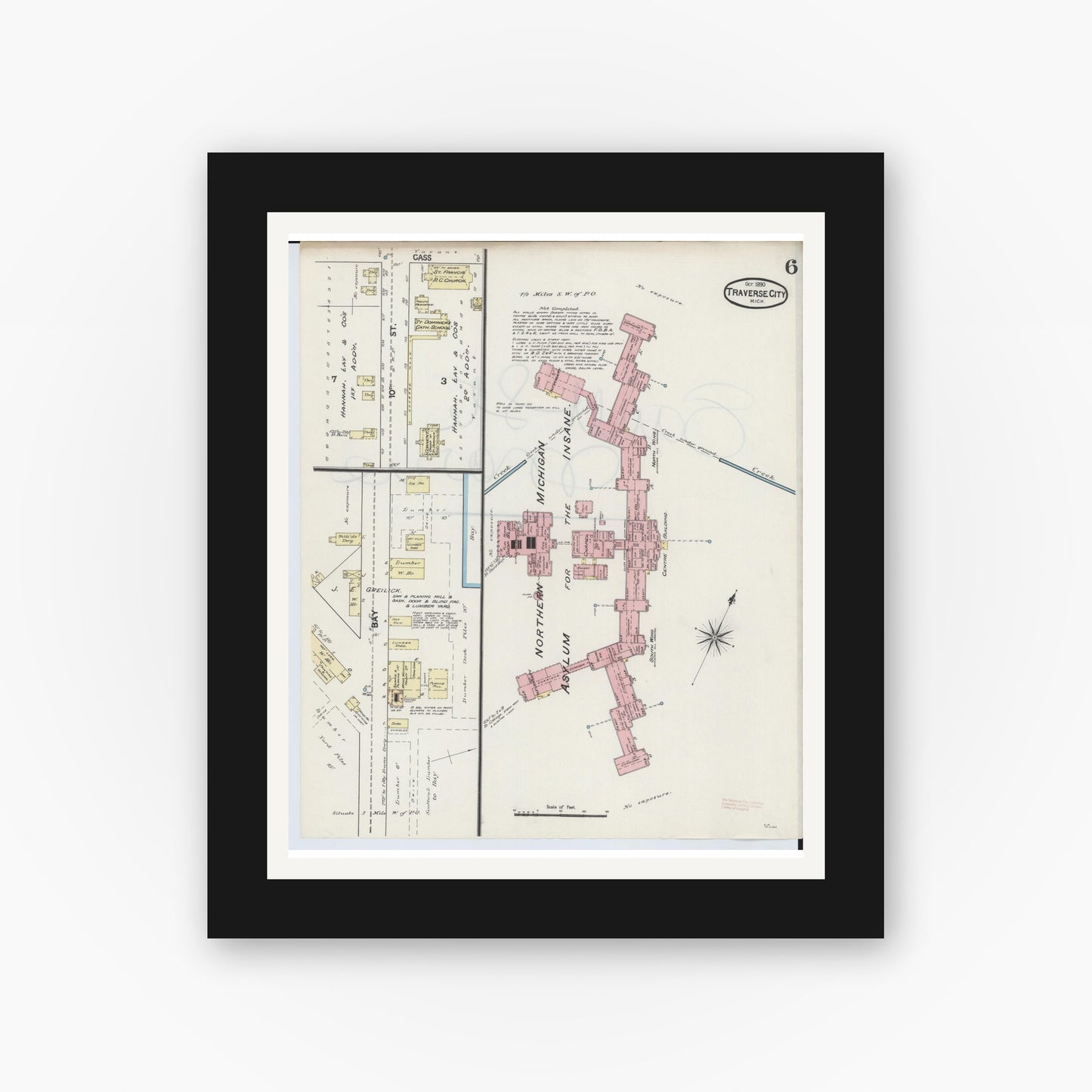 Old map wall art mockup — black gallery frame with white mat — Sanborn Fire Insurance Map from Traverse City, Grand Traverse County, Michigan (1890), Sheet #0006