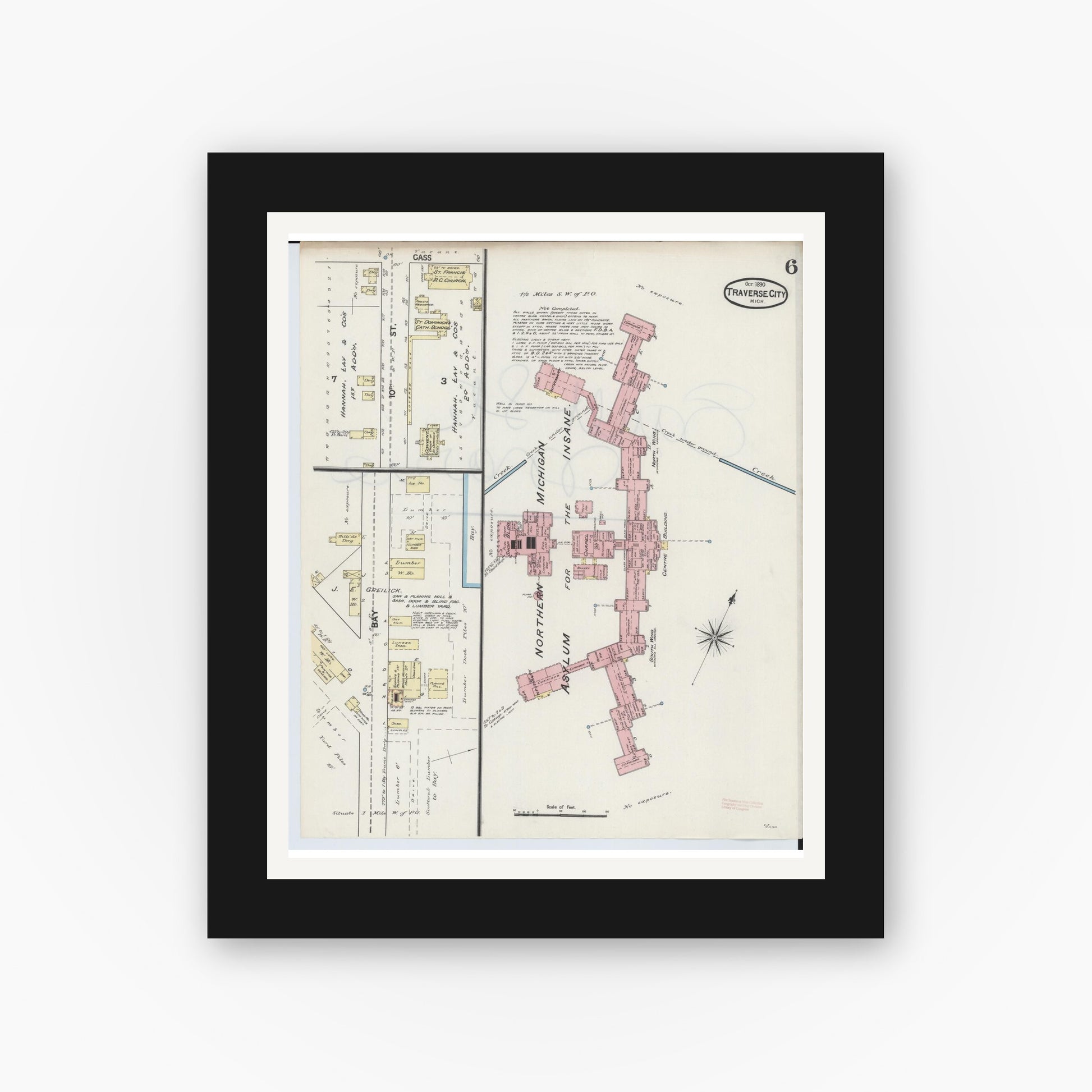 Old map wall art mockup — black gallery frame with white mat — Sanborn Fire Insurance Map from Traverse City, Grand Traverse County, Michigan (1890), Sheet #0006
