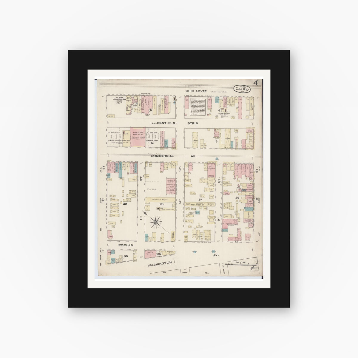 Old map wall art mockup — black gallery frame with white mat — Sanborn Fire Insurance Map from Cairo, Alexander County, Illinois (1885), Sheet #0004