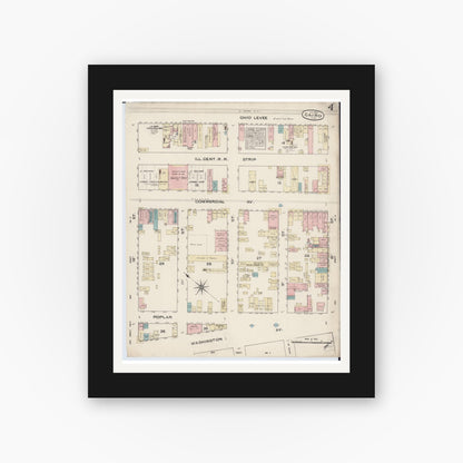 Old map wall art mockup — black gallery frame with white mat — Sanborn Fire Insurance Map from Cairo, Alexander County, Illinois (1885), Sheet #0004
