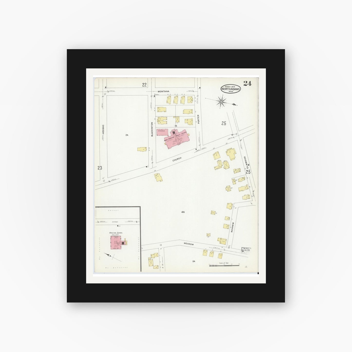 Old map wall art mockup — black gallery frame with white mat — Sanborn Fire Insurance Map from North Adams, Berkshire County, Massachusetts (1908), Sheet #0024