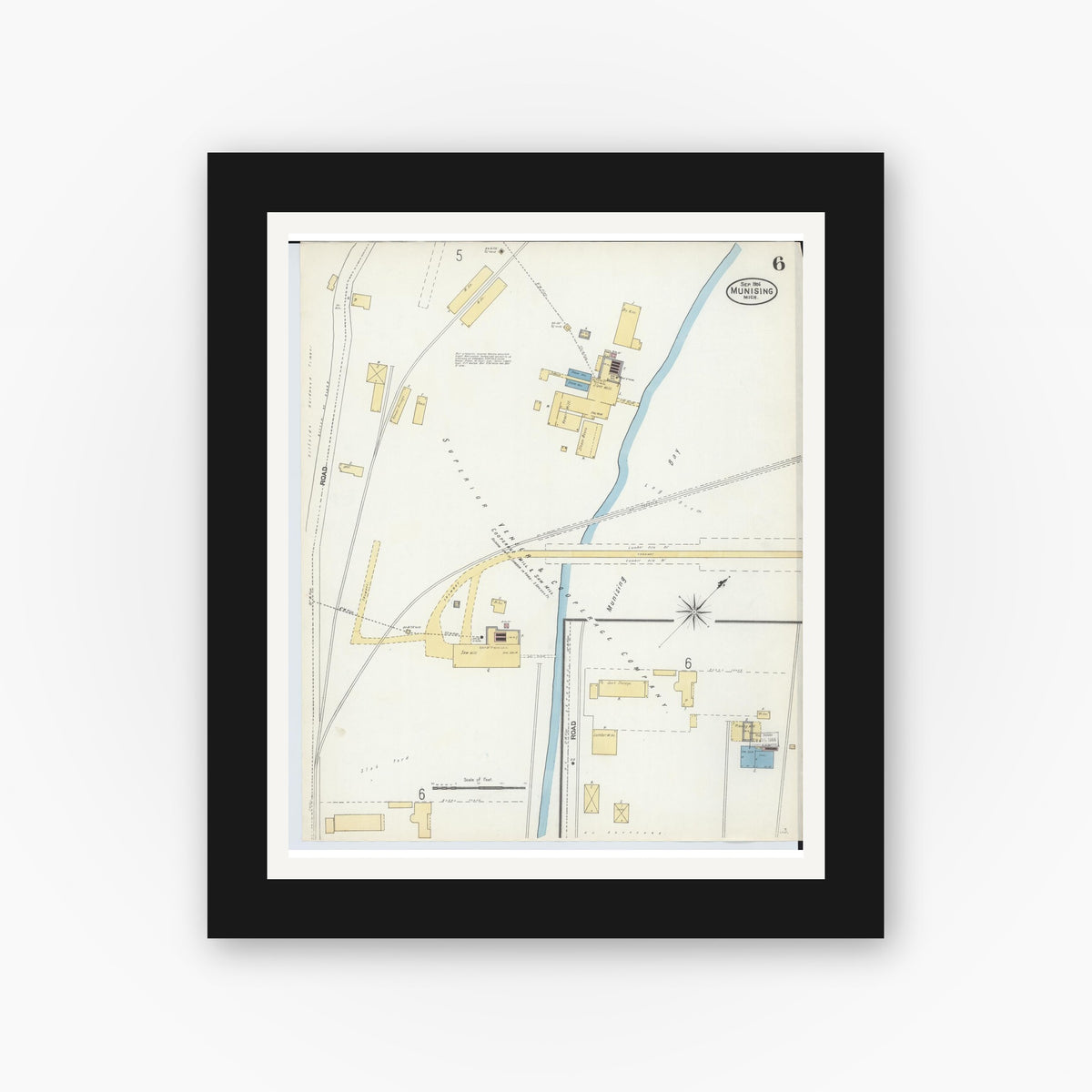 Old map wall art mockup — black gallery frame with white mat — Sanborn Fire Insurance Map from Munising, Alger County, Michigan (1906), Sheet #0006