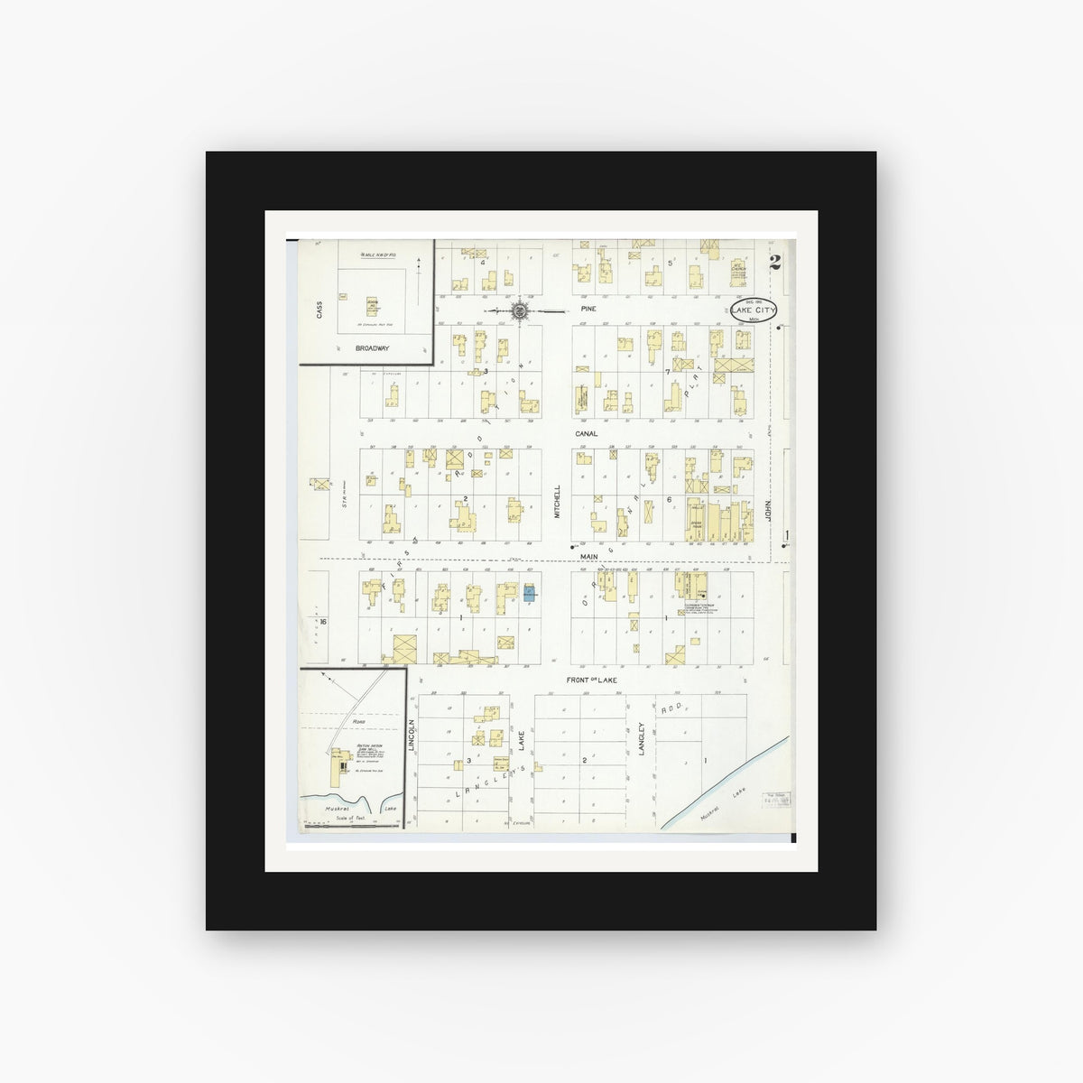 Old map wall art mockup — black gallery frame with white mat — Sanborn Fire Insurance Map from Lake City, Missaukee County, Michigan (1910), Sheet #0002