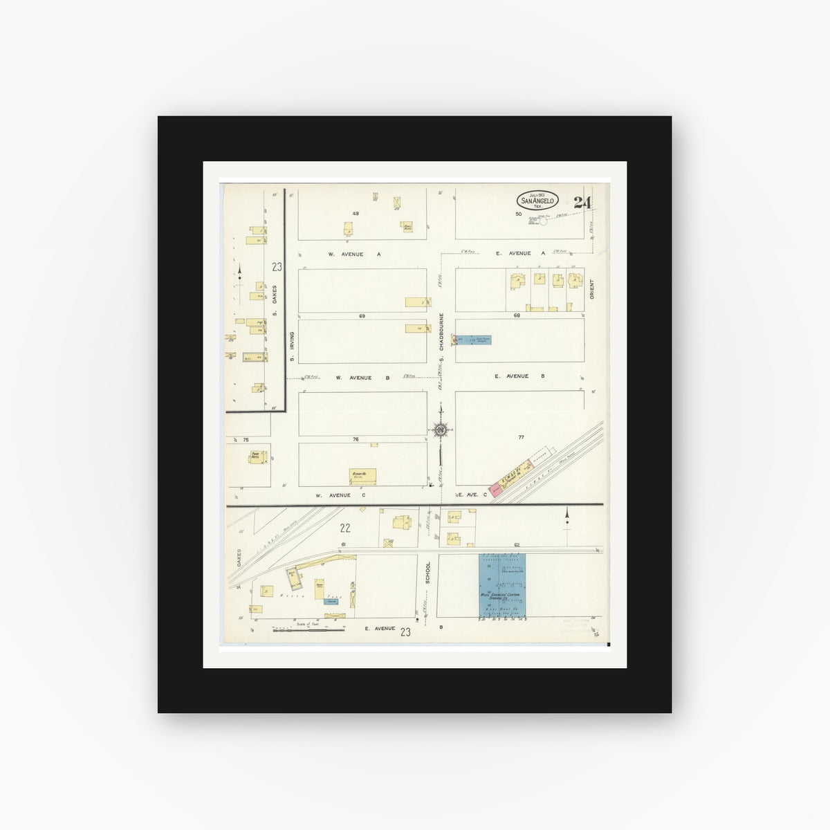 Old map wall art mockup — black gallery frame with white mat — Sanborn Fire Insurance Map from San Angelo, Tom Green County, Texas (1913), Sheet #0024
