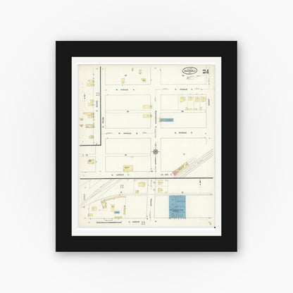 Old map wall art mockup — black gallery frame with white mat — Sanborn Fire Insurance Map from San Angelo, Tom Green County, Texas (1913), Sheet #0024