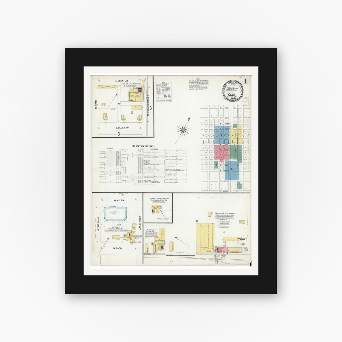 Old map wall art mockup — black gallery frame with white mat — Sanborn Fire Insurance Map from Ennis, Ellis County, Texas (1901), Sheet #0001