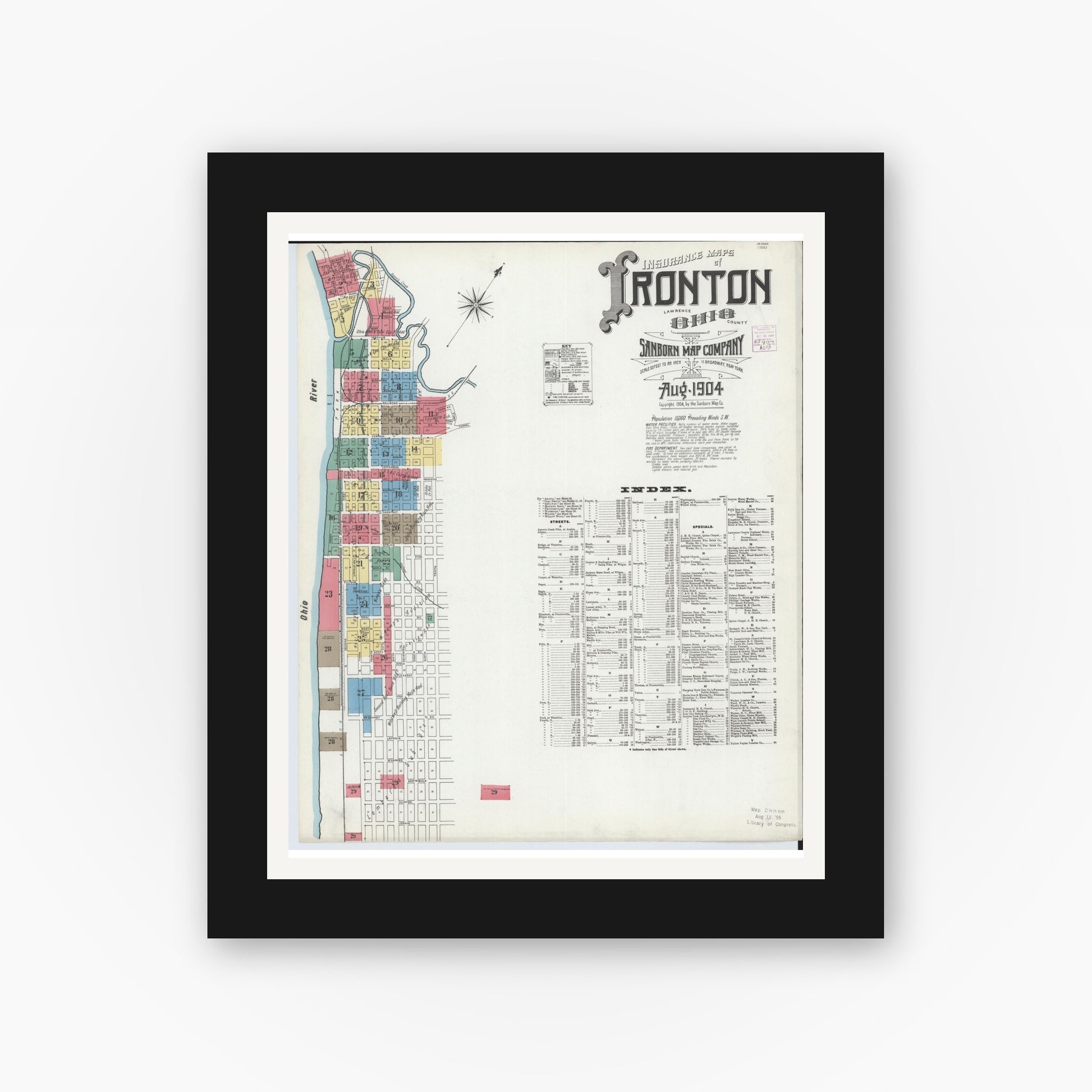 Old map wall art mockup — black gallery frame with white mat — Sanborn Fire Insurance Map from Ironton, Lawrence County, Ohio (1904) - Complete Map Set