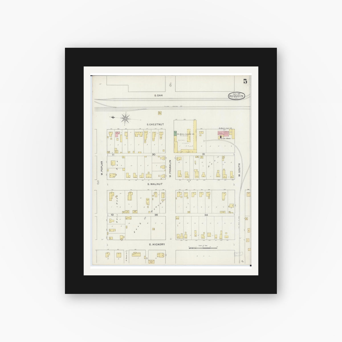 Old map wall art mockup — black gallery frame with white mat — Sanborn Fire Insurance Map from Du Quoin, Perry County, Illinois (1894), Sheet #0005