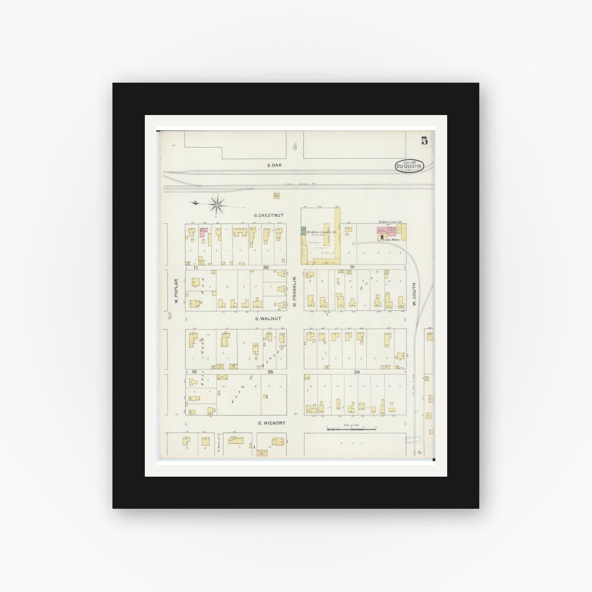 Old map wall art mockup — black gallery frame with white mat — Sanborn Fire Insurance Map from Du Quoin, Perry County, Illinois (1894), Sheet #0005