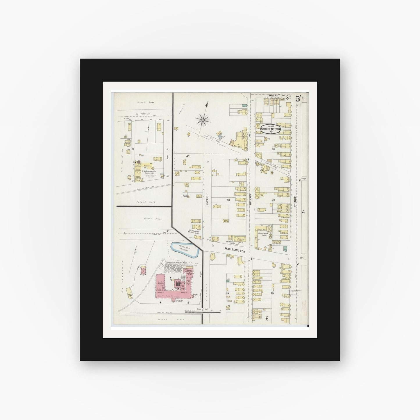 Old map wall art mockup — black gallery frame with white mat — Sanborn Fire Insurance Map from Bordentown, Burlington County, New Jersey (1897), Sheet #0005