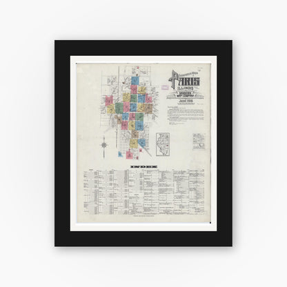 Old map wall art mockup — black gallery frame with white mat — Sanborn Fire Insurance Map from Paris, Edgar County, Illinois (1916), Sheet #0001