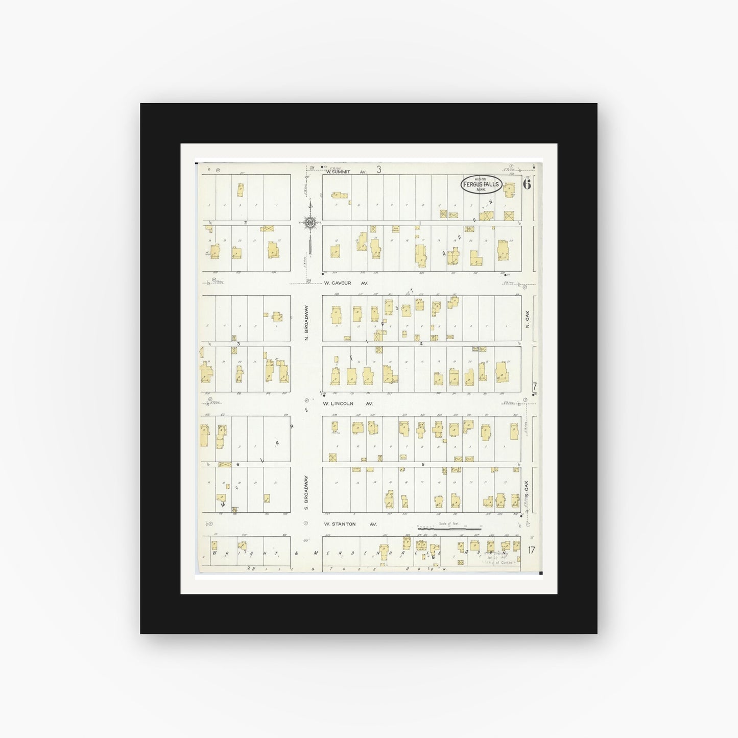 Old map wall art mockup — black gallery frame with white mat — Sanborn Fire Insurance Map from Fergus Falls, Otter Tail County, Minnesota (1915), Sheet #0006