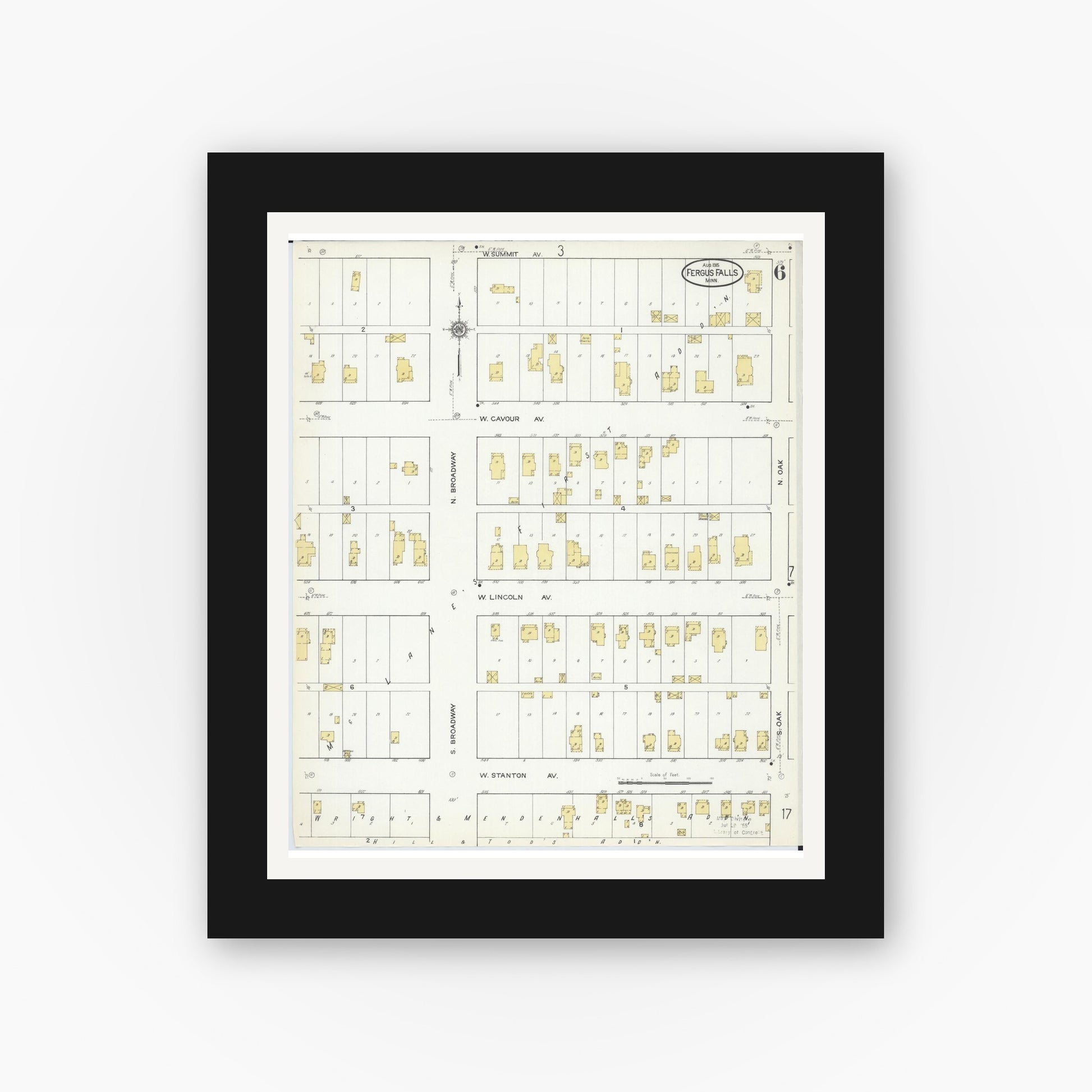 Old map wall art mockup — black gallery frame with white mat — Sanborn Fire Insurance Map from Fergus Falls, Otter Tail County, Minnesota (1915), Sheet #0006
