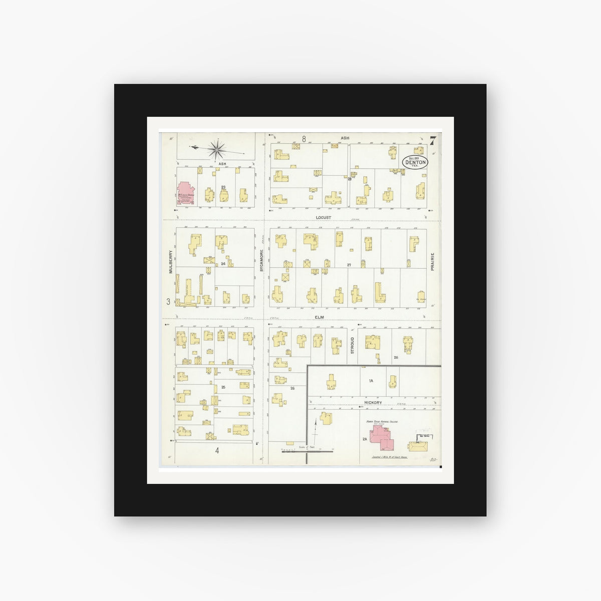 Old map wall art mockup — black gallery frame with white mat — Sanborn Fire Insurance Map from Denton, Denton County, Texas (1901), Sheet #0007