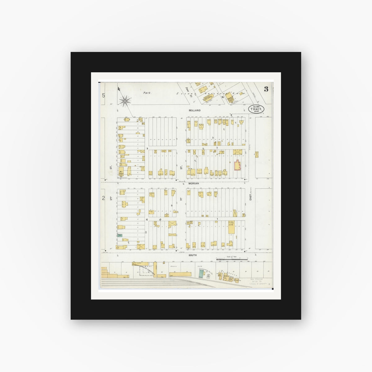 Old map wall art mockup — black gallery frame with white mat — Sanborn Fire Insurance Map from Tracy, Lyon County, Minnesota (1899), Sheet #0003