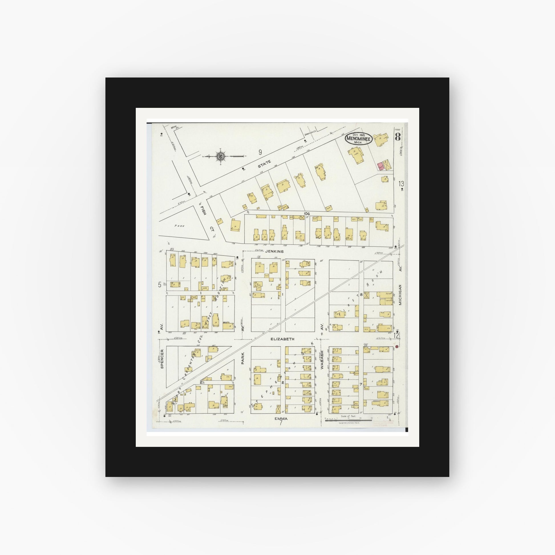 Old map wall art mockup — black gallery frame with white mat — Sanborn Fire Insurance Map from Menominee, Menominee County, Michigan (1921), Sheet #0008