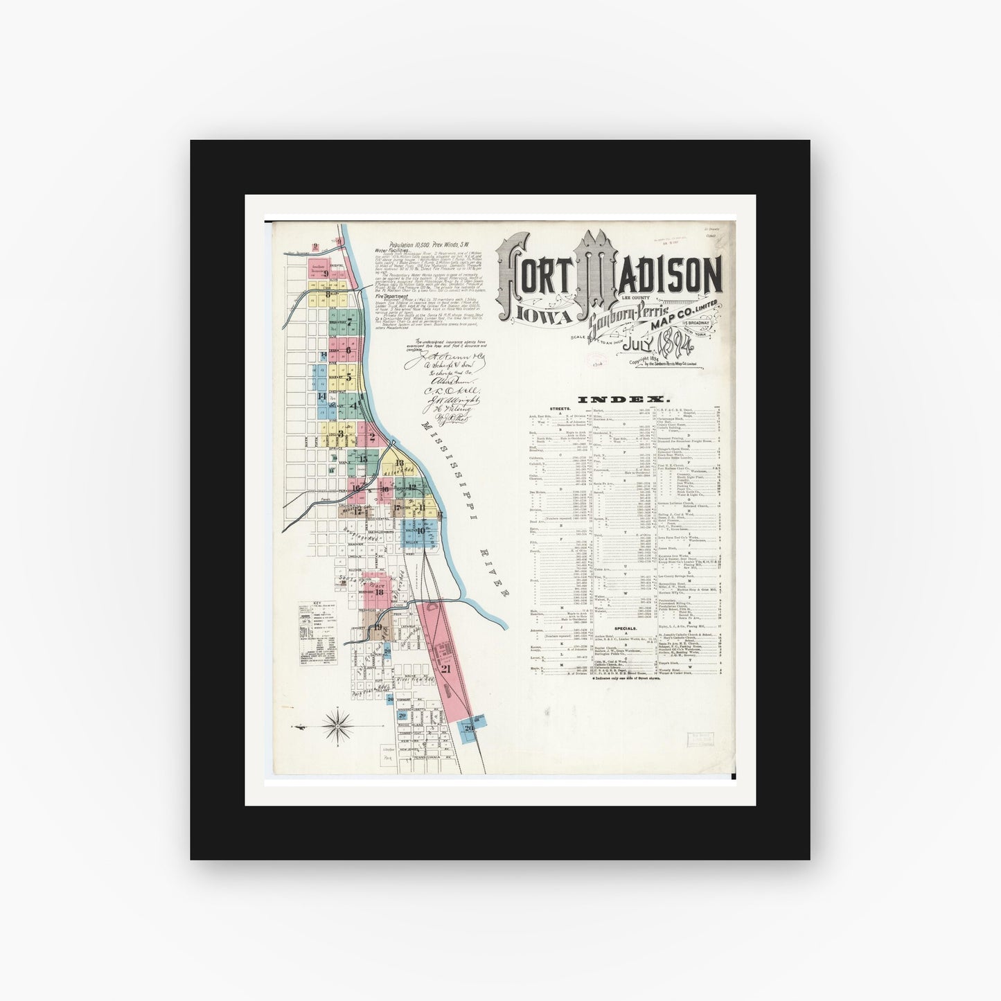 Old map wall art mockup — black gallery frame with white mat — Sanborn Fire Insurance Map from Fort Madison, Lee County, Iowa (1894) â€” Complete Set