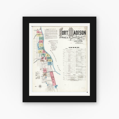Old map wall art mockup — black gallery frame with white mat — Sanborn Fire Insurance Map from Fort Madison, Lee County, Iowa (1894) â€” Complete Set
