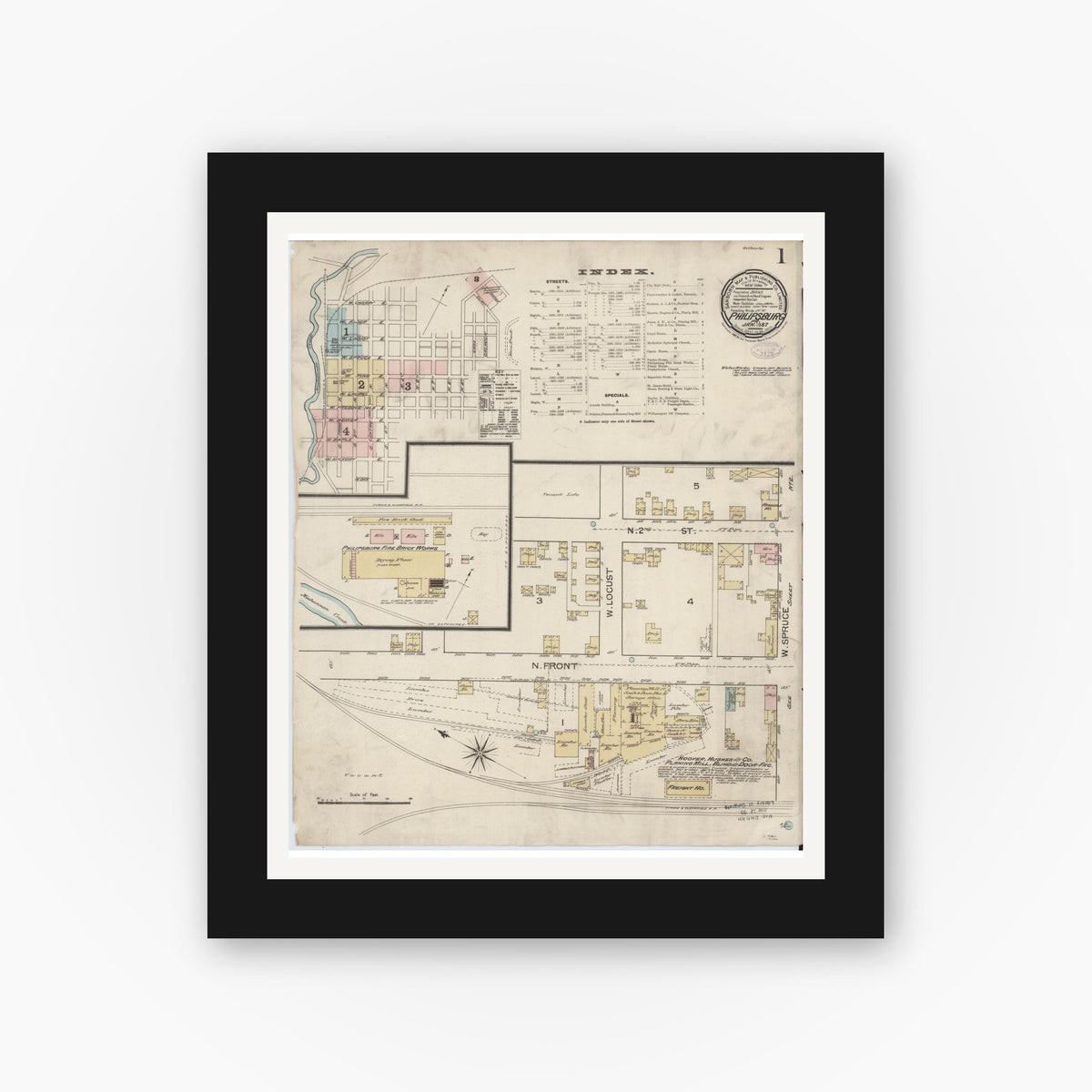 Old map wall art mockup — black gallery frame with white mat — Sanborn Fire Insurance Map from Philipsburg, Centre County, Pennsylvania (1887) - Complete Map Set