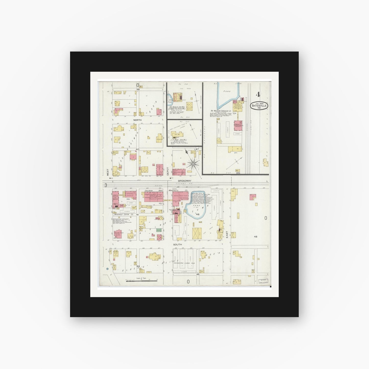 Old map wall art mockup — black gallery frame with white mat — Sanborn Fire Insurance Map from Batesville, Ripley County, Indiana (1899), Sheet #0004