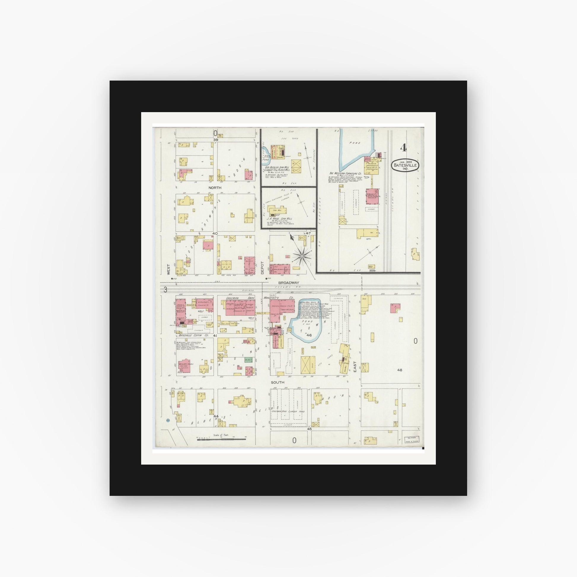 Old map wall art mockup — black gallery frame with white mat — Sanborn Fire Insurance Map from Batesville, Ripley County, Indiana (1899), Sheet #0004