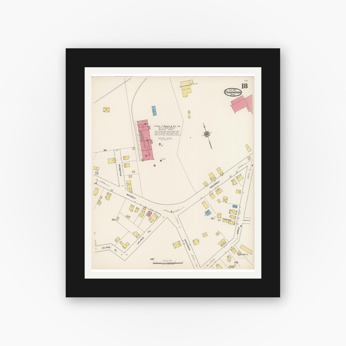 Old map wall art mockup — black gallery frame with white mat — Sanborn Fire Insurance Map from Framingham, Middlesex County, Massachusetts (1922), Sheet #0018
