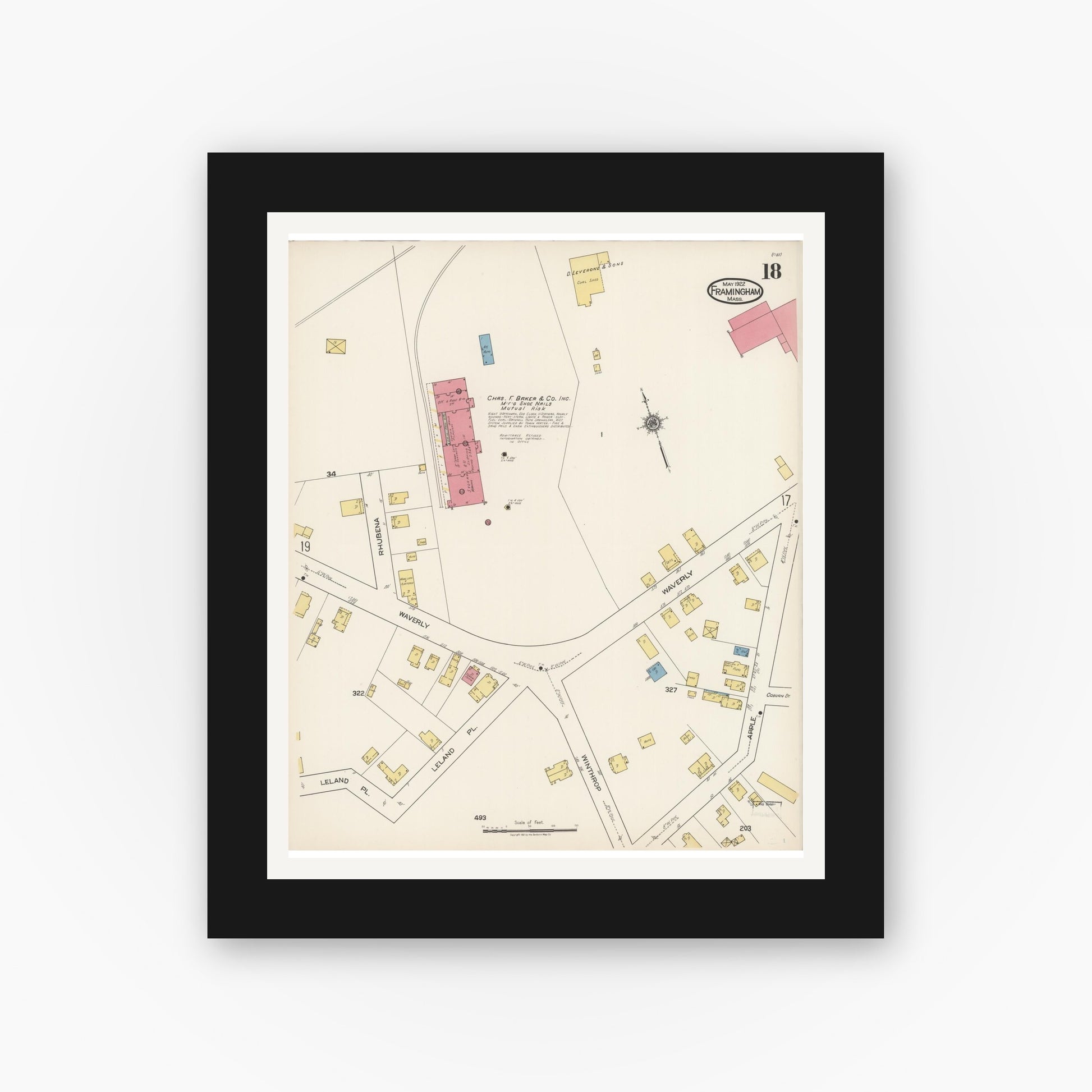 Old map wall art mockup — black gallery frame with white mat — Sanborn Fire Insurance Map from Framingham, Middlesex County, Massachusetts (1922), Sheet #0018