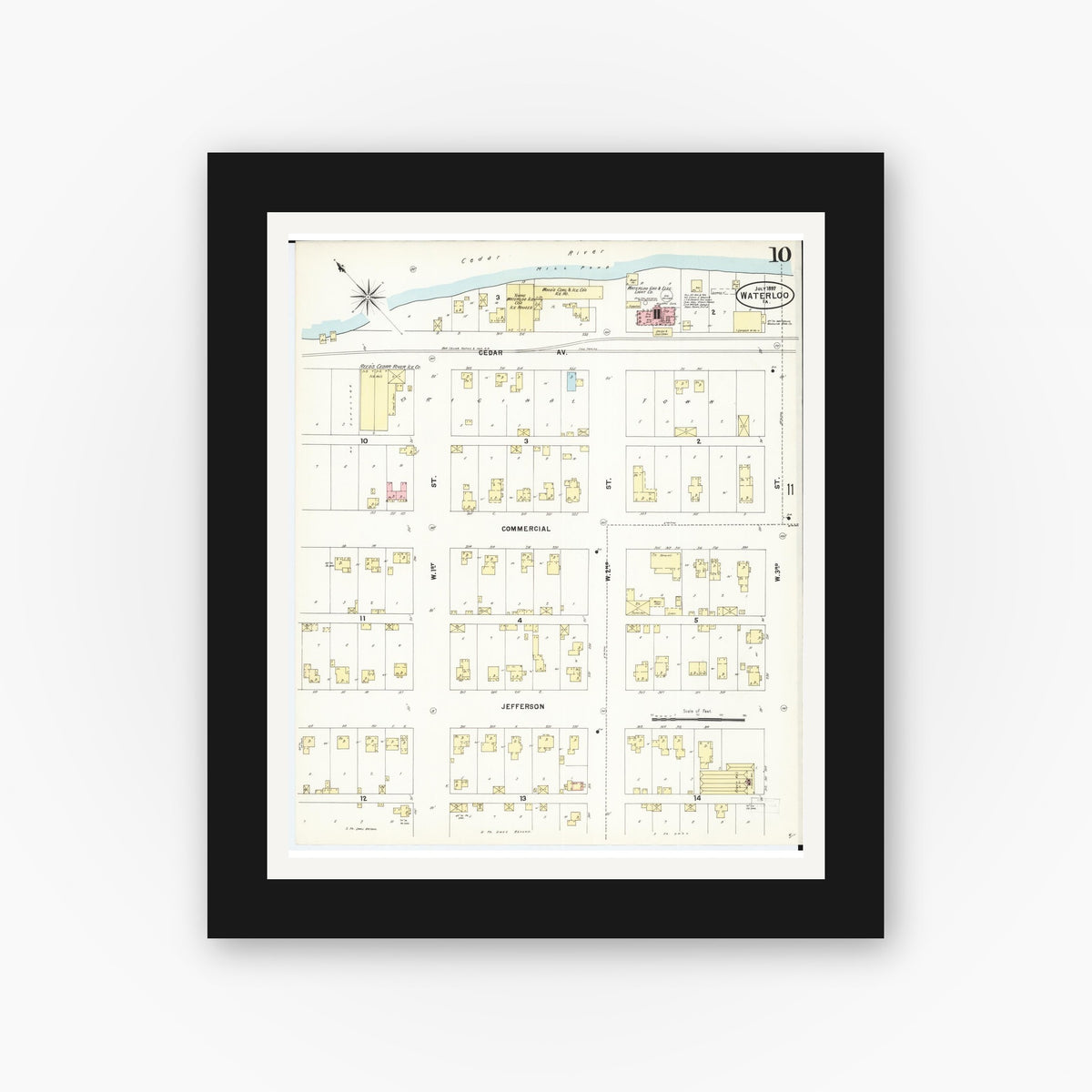 Old map wall art mockup — black gallery frame with white mat — Sanborn Fire Insurance Map from Waterloo, Black Hawk County, Iowa (1897), Sheet #0010