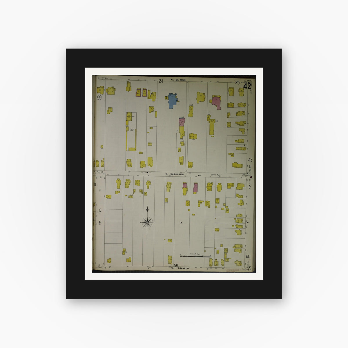 Old map wall art mockup — black gallery frame with white mat — Sanborn Fire Insurance Map from Jackson, Jackson County, Michigan (1907), Sheet #0042
