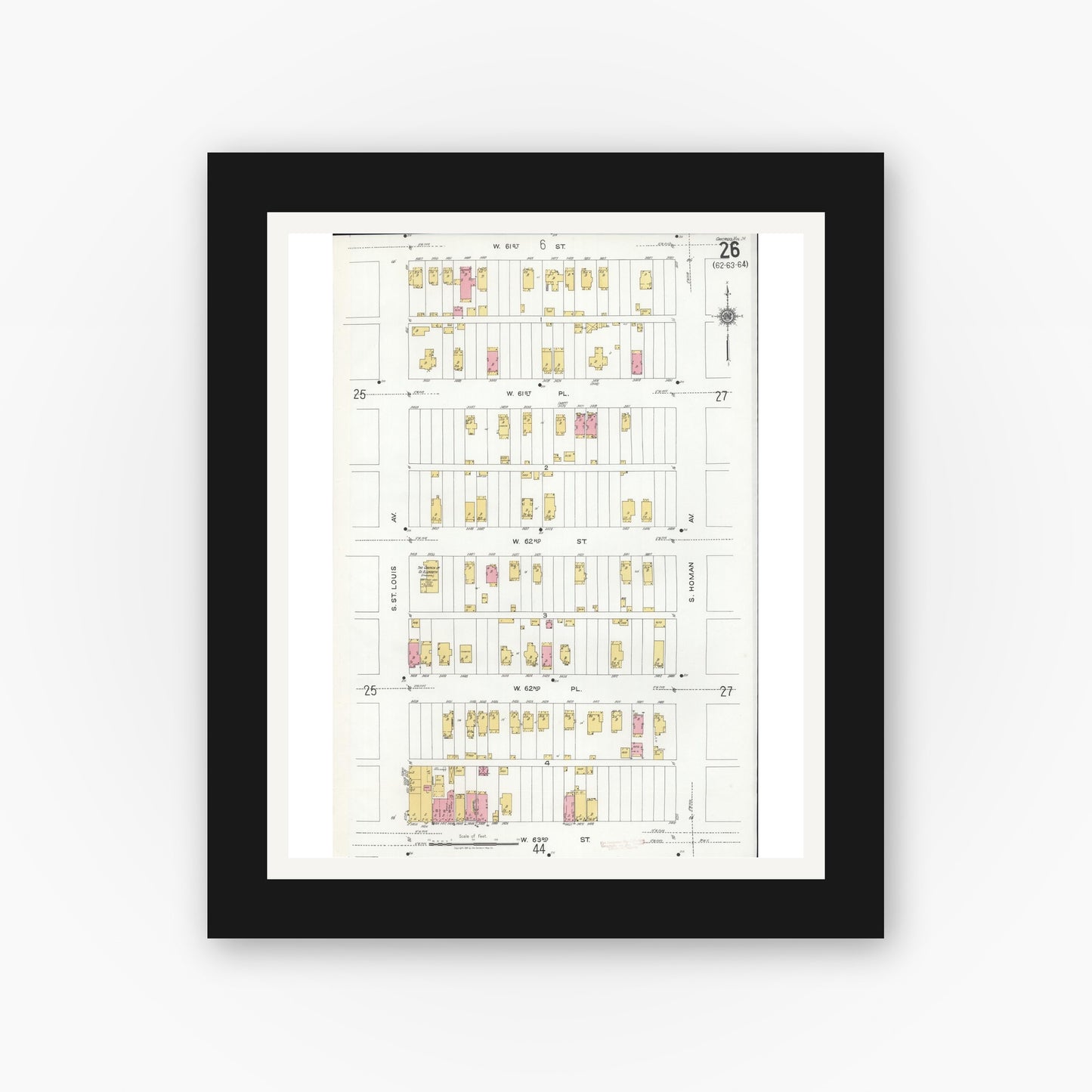 Old map wall art mockup — black gallery frame with white mat — Sanborn Fire Insurance Map from Chicago, Cook County, Illinois (1920), Sheet #0026