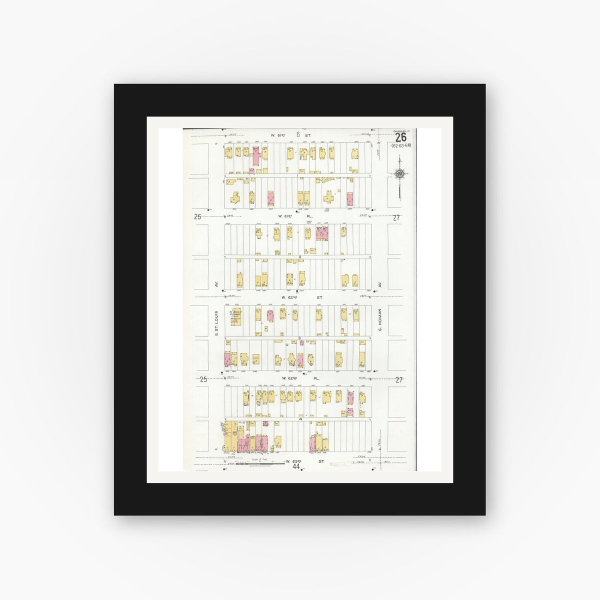 Old map wall art mockup — black gallery frame with white mat — Sanborn Fire Insurance Map from Chicago, Cook County, Illinois (1920), Sheet #0026