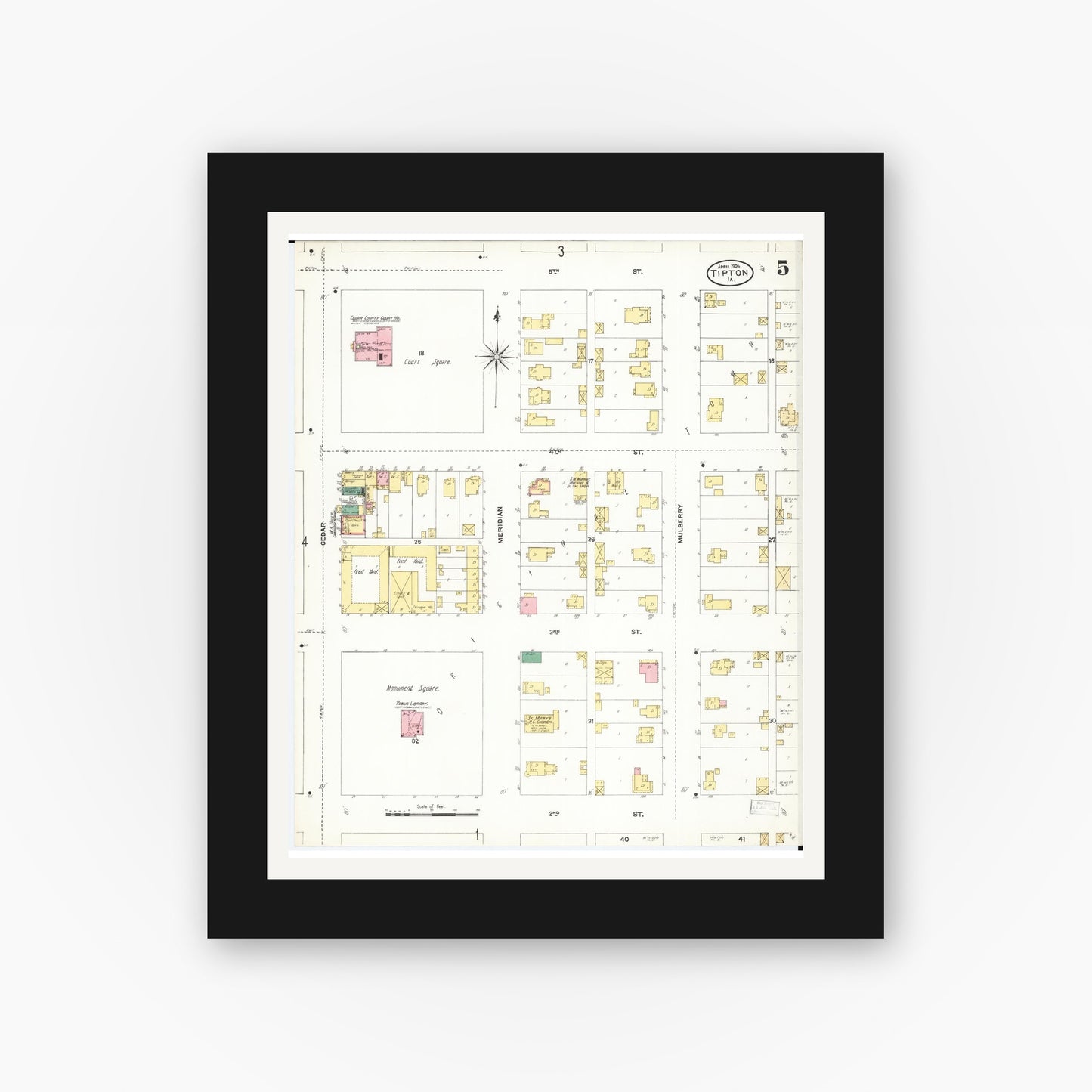 Old map wall art mockup — black gallery frame with white mat — Sanborn Fire Insurance Map from Tipton, Cedar County, Iowa (1906), Sheet #0005