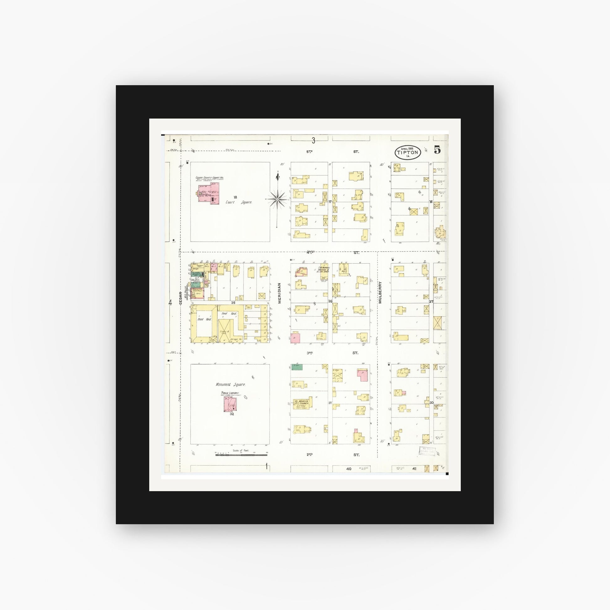 Old map wall art mockup — black gallery frame with white mat — Sanborn Fire Insurance Map from Tipton, Cedar County, Iowa (1906), Sheet #0005