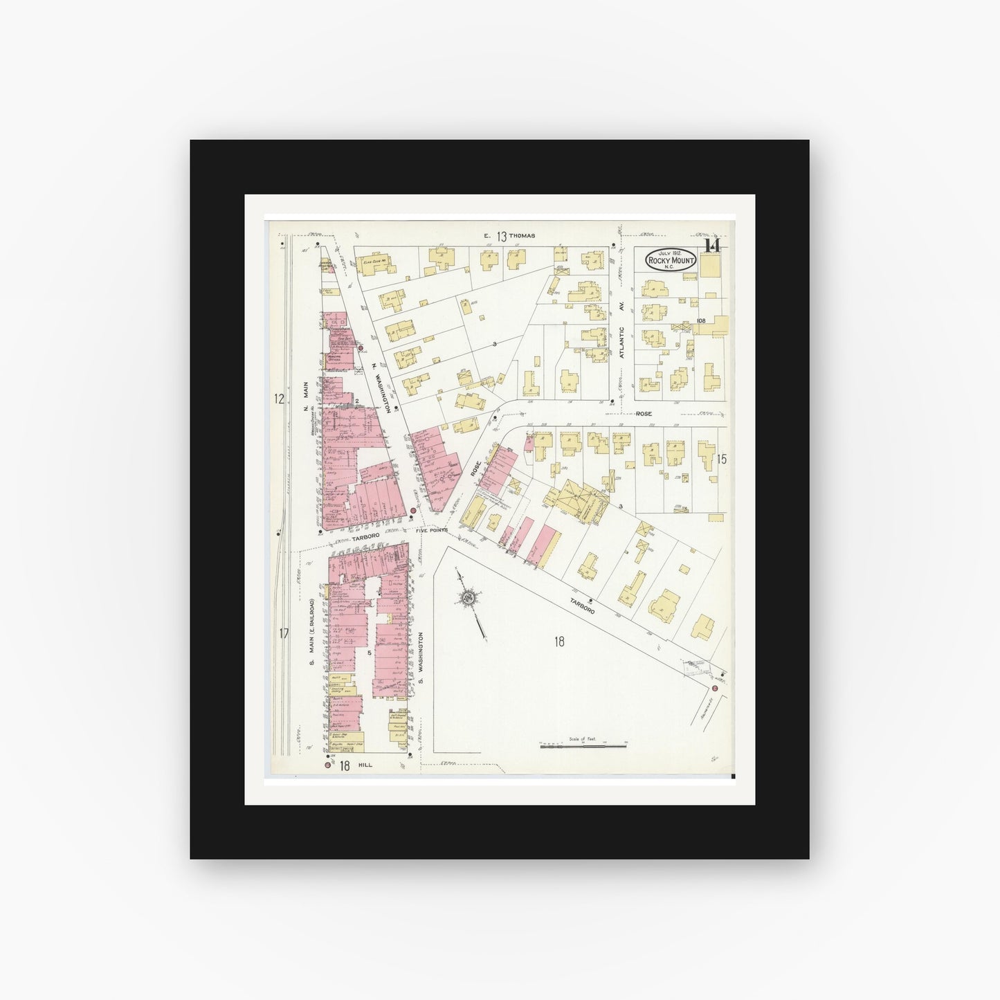 Old map wall art mockup — black gallery frame with white mat — Sanborn Fire Insurance Map from Rocky Mount, Edgecombe And Nash Counties, North Carolina (1912), Sheet #0014