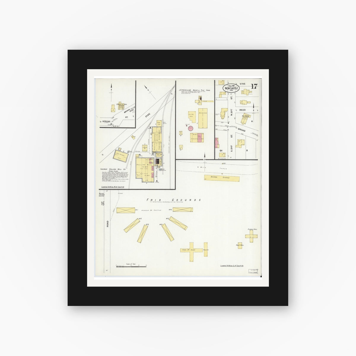 Old map wall art mockup — black gallery frame with white mat — Sanborn Fire Insurance Map from New Castle, Henry County, Indiana (1908), Sheet #0017