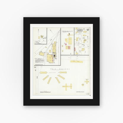 Old map wall art mockup — black gallery frame with white mat — Sanborn Fire Insurance Map from New Castle, Henry County, Indiana (1908), Sheet #0017