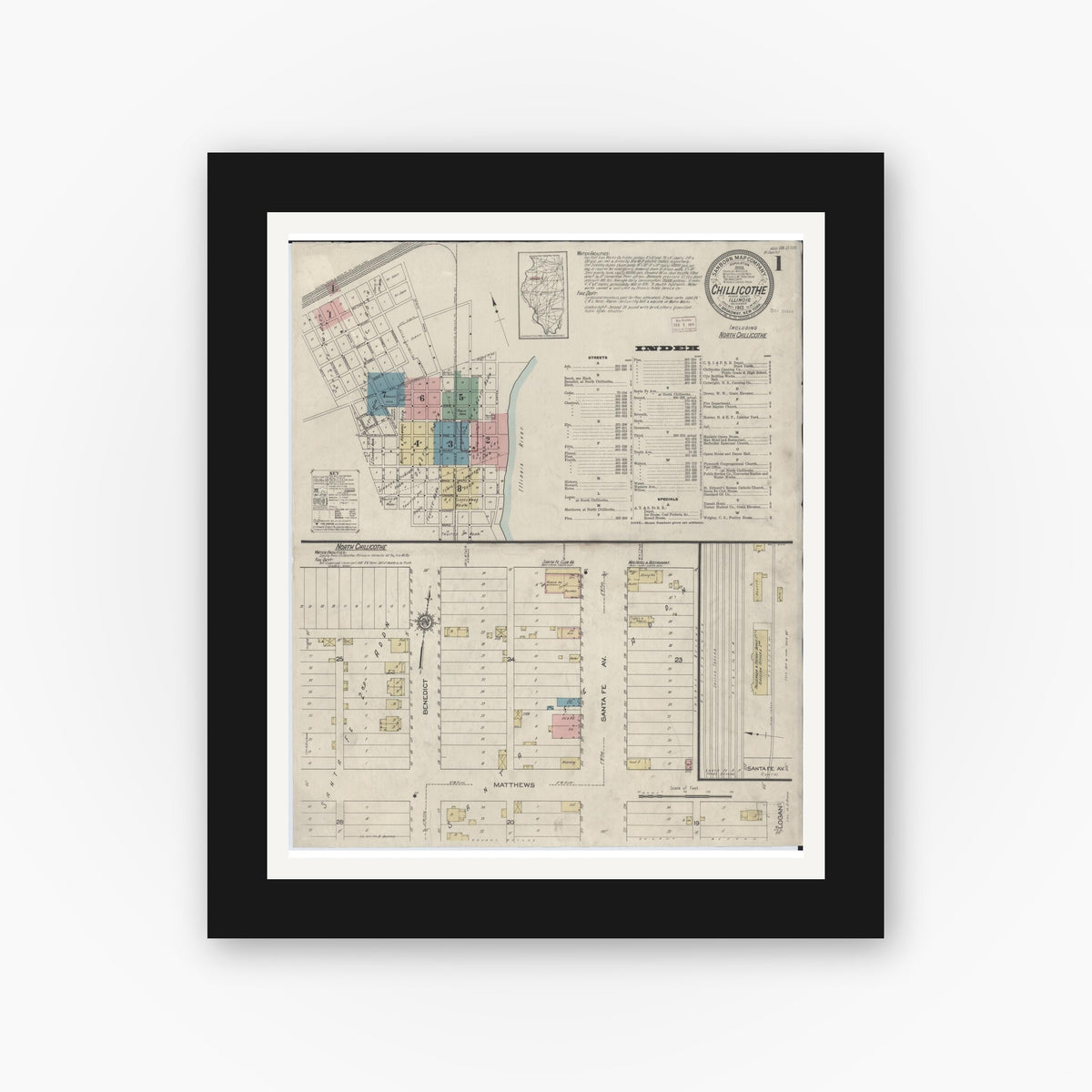Old map wall art mockup — black gallery frame with white mat — Sanborn Fire Insurance Map from Chillicothe, Peoria County, Illinois (1913), Sheet #0001