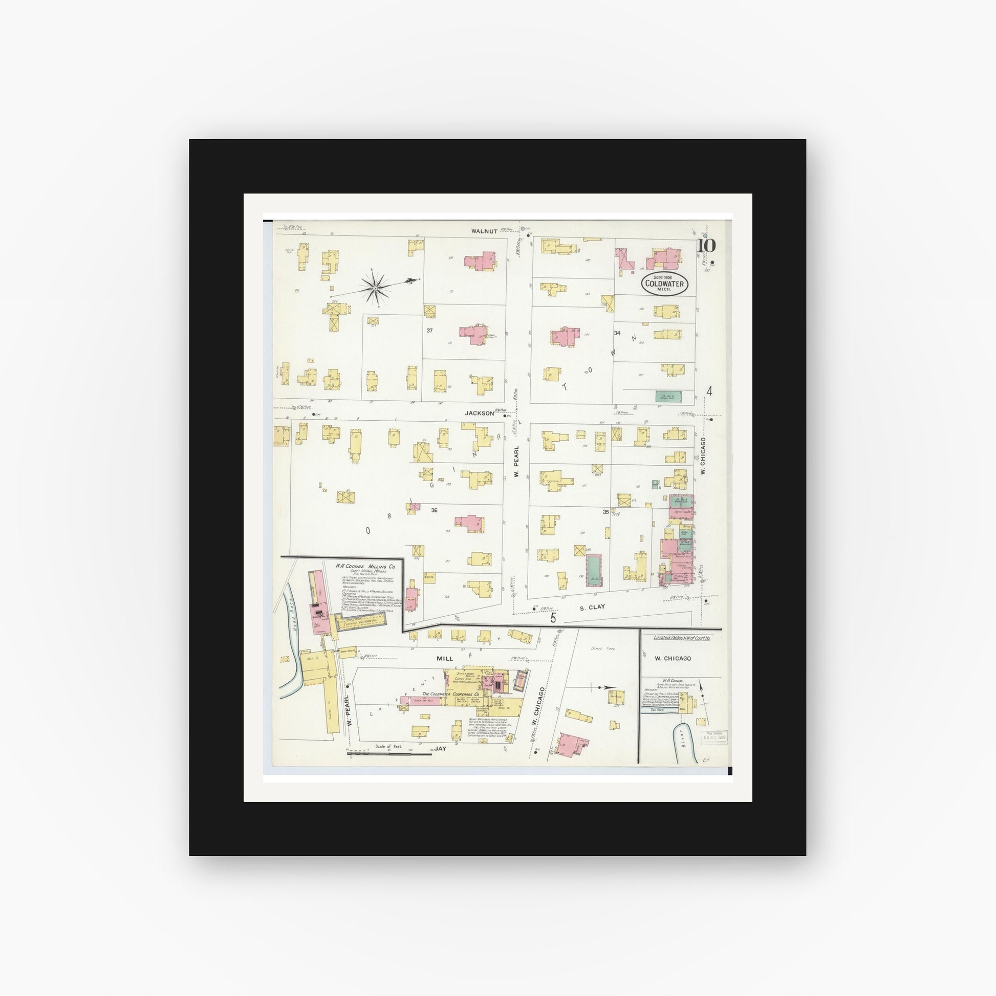 Old map wall art mockup — black gallery frame with white mat — Sanborn Fire Insurance Map from Coldwater, Branch County, Michigan (1908), Sheet #0010