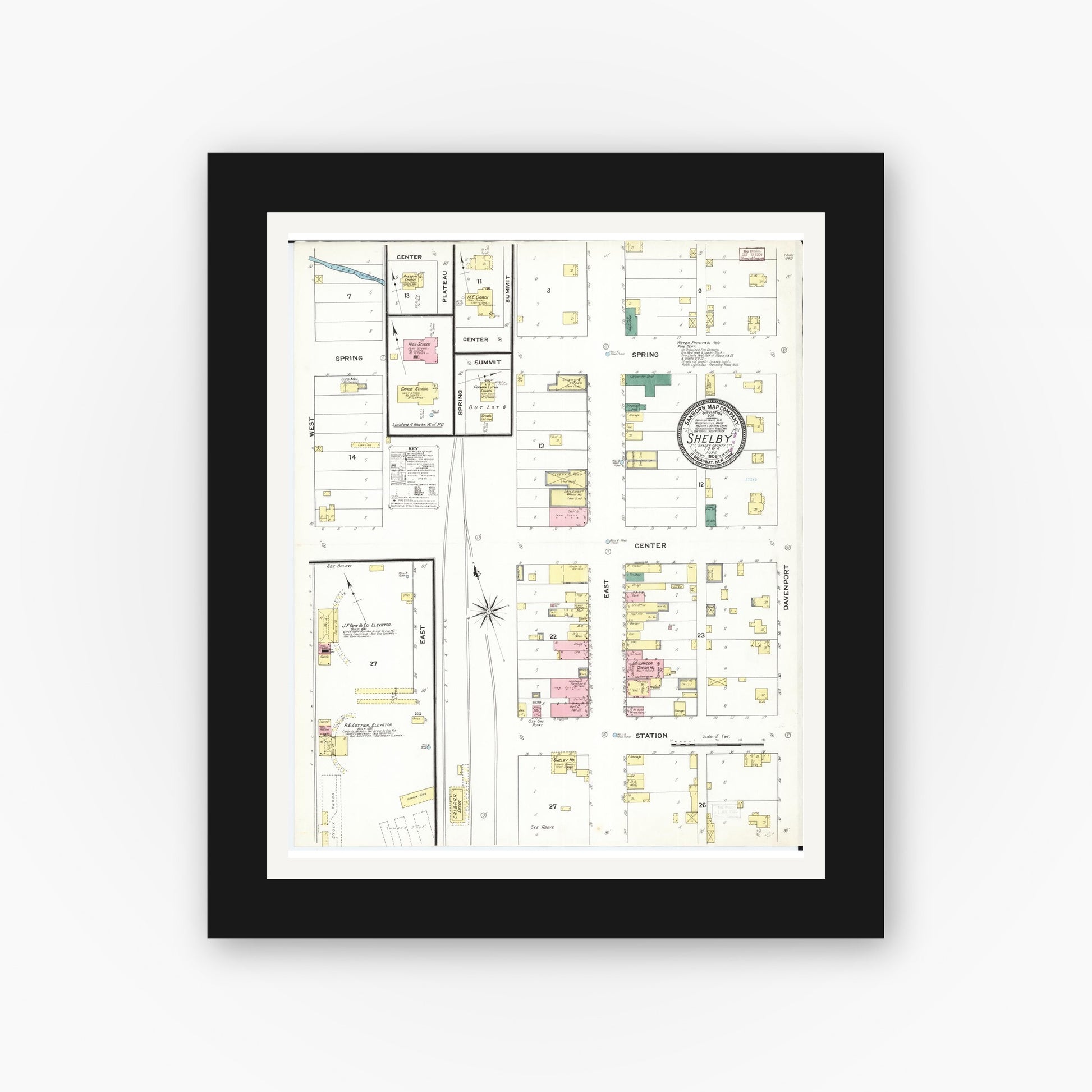 Old map wall art mockup — black gallery frame with white mat — Sanborn Fire Insurance Map from Shelby, Shelby County, Iowa (1909), Sheet #0001