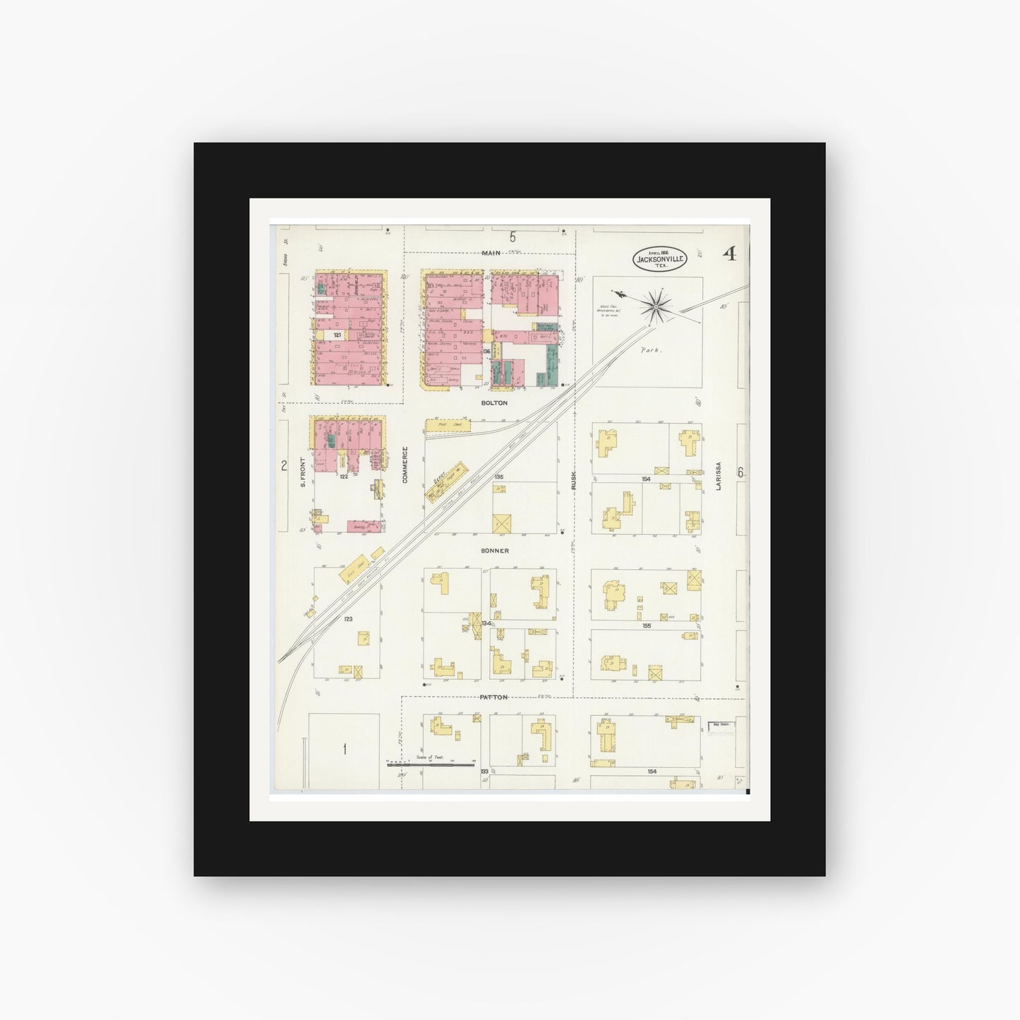 Old map wall art mockup — black gallery frame with white mat — Sanborn Fire Insurance Map from Jacksonville, Cherokee County, Texas (1906), Sheet #0004
