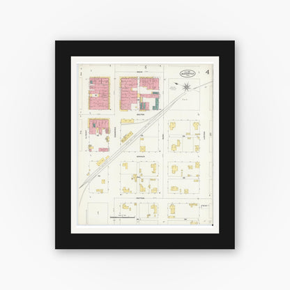 Old map wall art mockup — black gallery frame with white mat — Sanborn Fire Insurance Map from Jacksonville, Cherokee County, Texas (1906), Sheet #0004