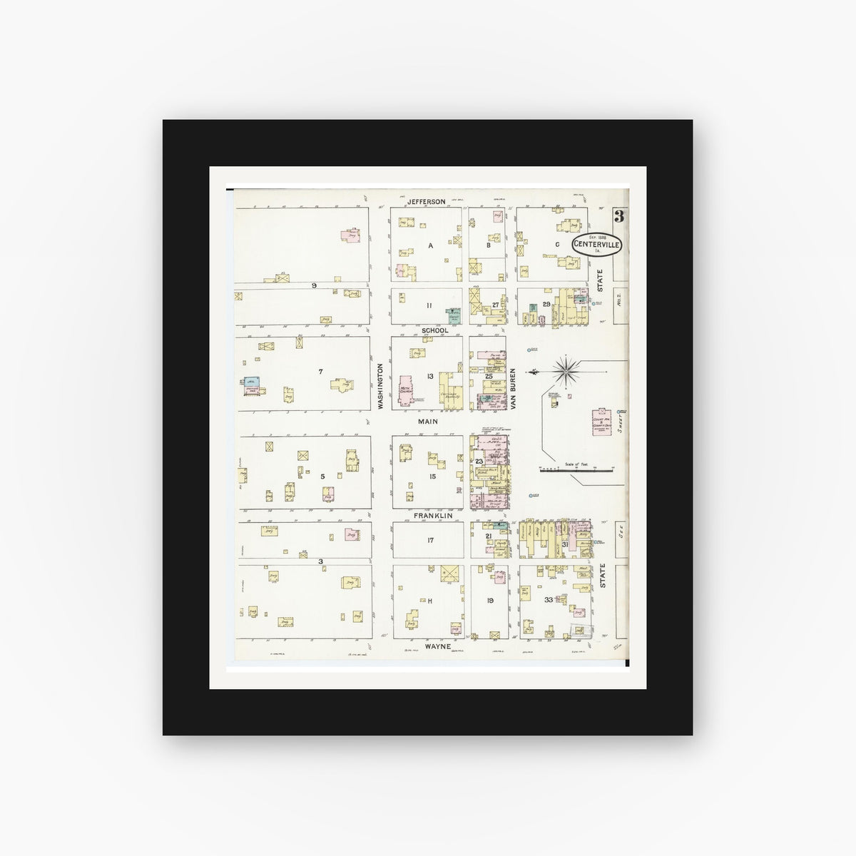 Old map wall art mockup — black gallery frame with white mat — Sanborn Fire Insurance Map from Centerville, Appanoose County, Iowa (1888), Sheet #0003