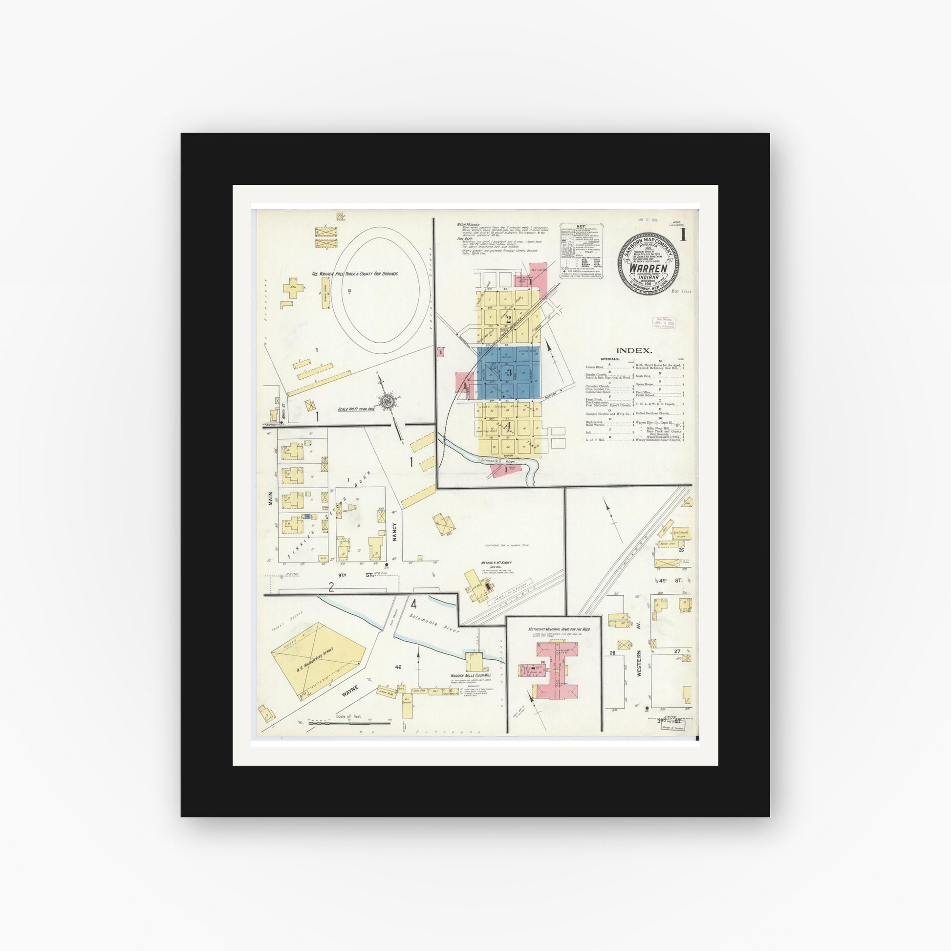 Old map wall art mockup — black gallery frame with white mat — Sanborn Fire Insurance Map from Warren, Huntington County, Indiana (1911) - Complete Map Set