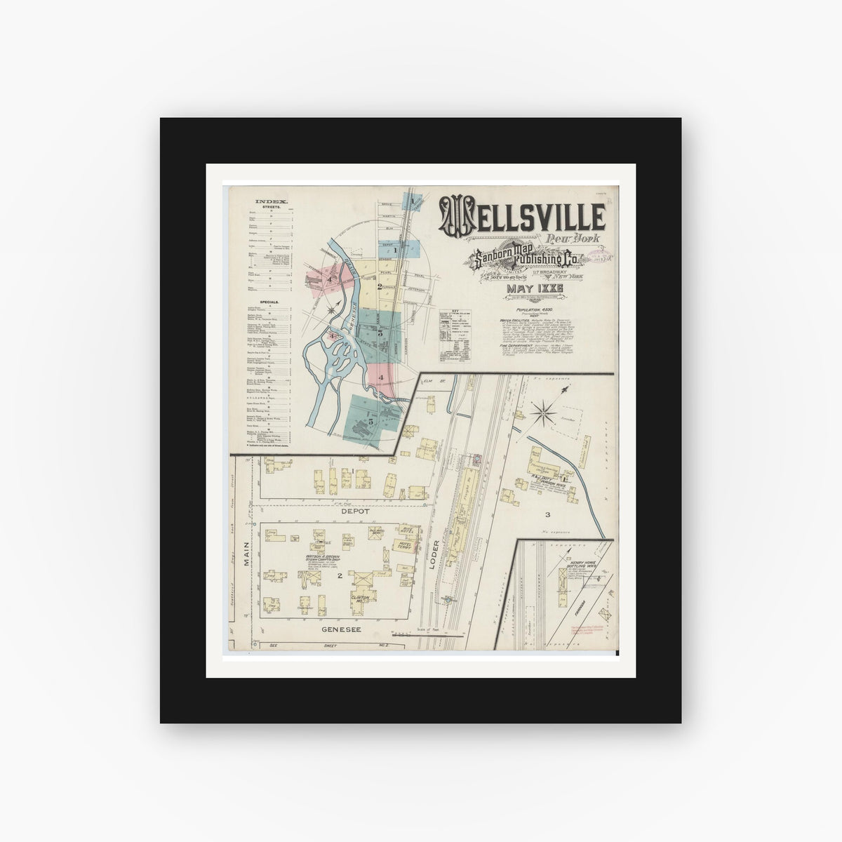 Old map wall art mockup — black gallery frame with white mat — Sanborn Fire Insurance Map from Wellsville, Allegany County, New York (1886) - Complete Map Set
